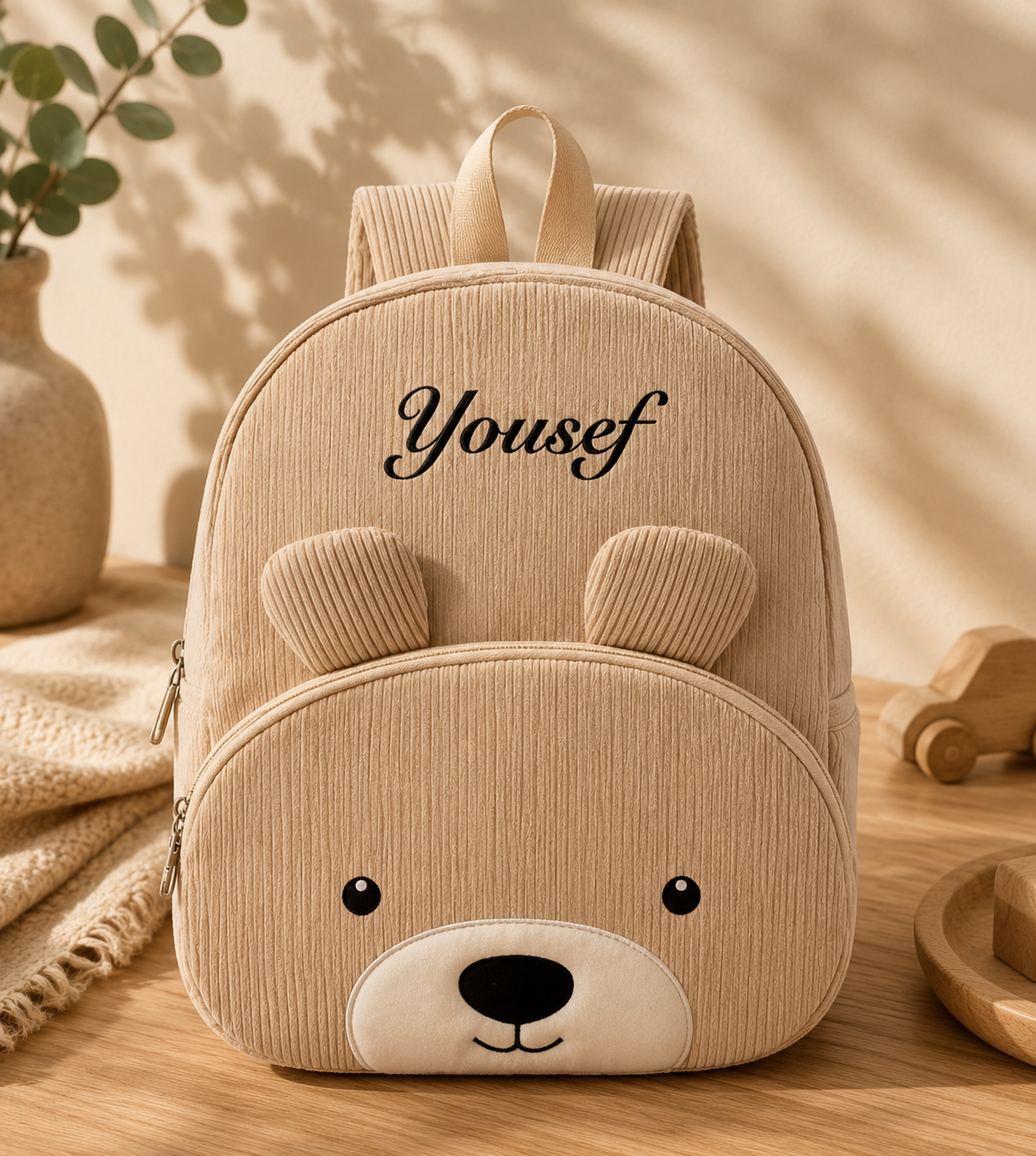 Personalized Bear Embroidery Corduroy Backpack