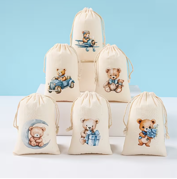Bear Moon Drawstring Gift Bags Blue Set