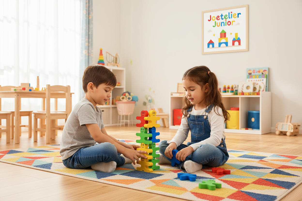 Kids playing with colorful wooden stacking balance people blocks